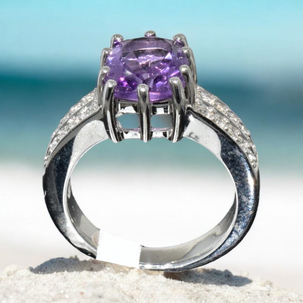 Purple Amethyst Created White Sapphire Ring 925 Sterling Silver US Size 7 - Picture 2 of 6